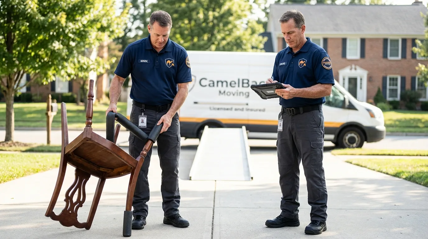 Movers inspecting furniture for damage prevention before loading in Darrington, WA